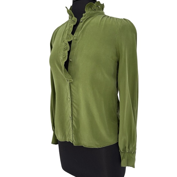 Sézane Chlo Embroidered 100% Silk Long Sleeve Blouse | Sz FR 32 (US 0) | Olive - Picture 7 of 16